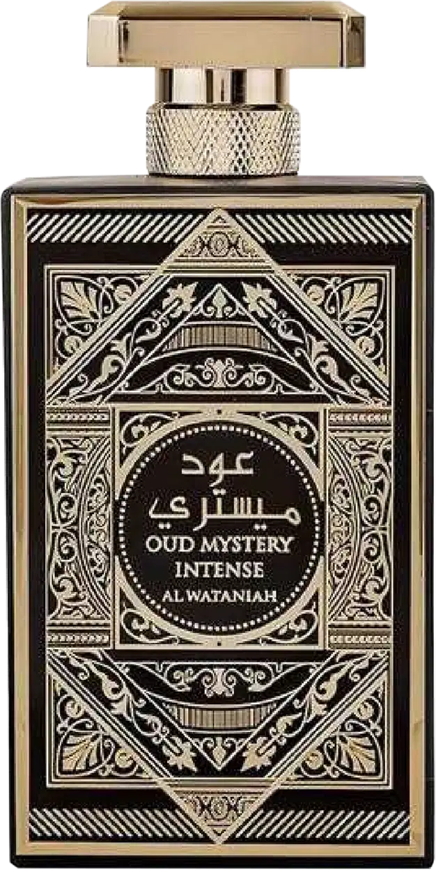 Frasco de perfume Al Wataniah Oud Mystery Intense, com design ornamental em preto e dourado, rótulo destacado com texto árabe e inglês.