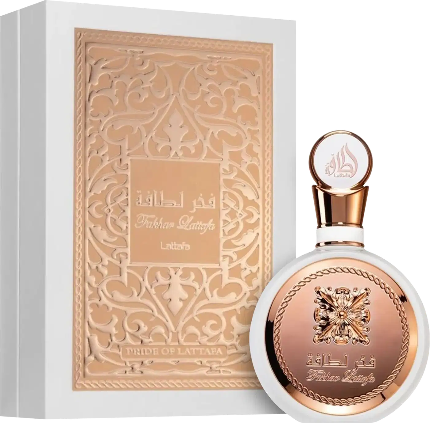 Frasco de item de perfumaria da marca Lattafa, com embalagem decorada em tons de bege e dourado, contendo texto em árabe e logotipo em relevo.
