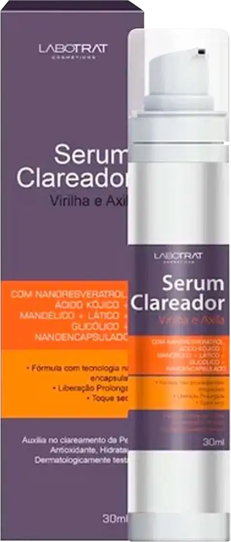 O produto apresentado é um Serum Clareador da marca Labotrat. A embalagem é um frasco branco com uma tampa e um rótulo roxo e laranja. Volume de 30ml.