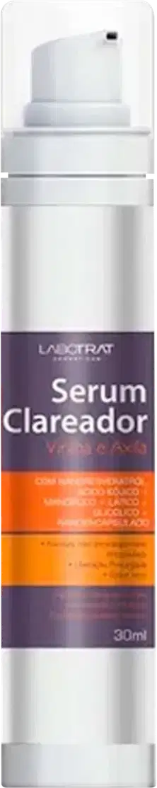 O produto apresentado é um Serum Clareador da marca Labotrat. A embalagem é um frasco branco com uma tampa e um rótulo roxo e laranja. Volume de 30ml.