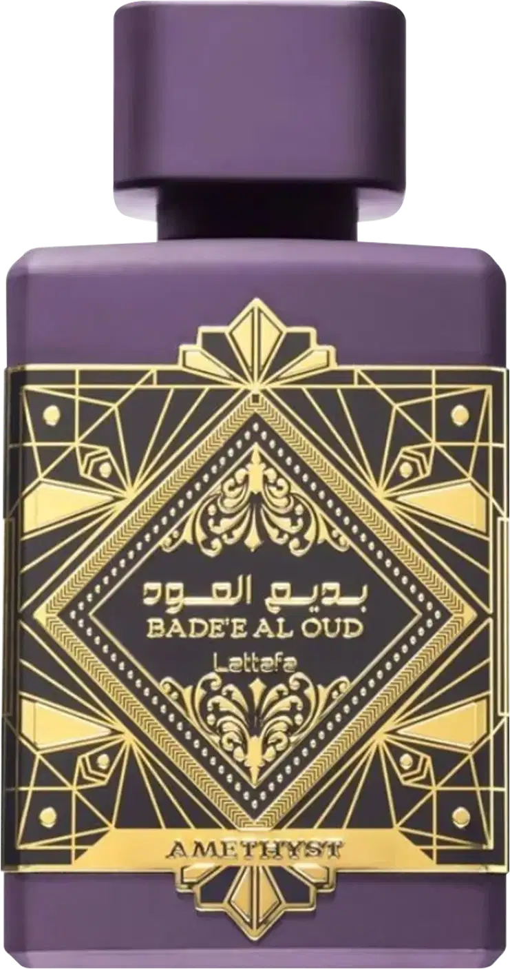 Frasco de perfume Lattafa Bade'e Al Oud, com design ornamental em tons de roxo e dourado, contendo texto árabe e elementos decorativos em estilo art déco.