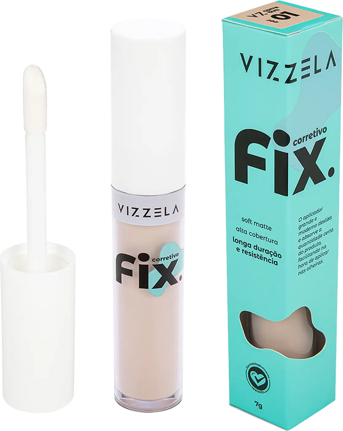 O produto é um corretivo da marca Vizzela, chamado "Fix", em uma embalagem de tubo plástico branco e caixa de papelão na cor azul turquesa. O rótulo destaca as características do produto, como cobertura, longa duração e resistência.