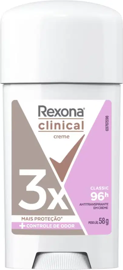 Embalagem branca de desodorante antitranspirante em creme da marca Rexona Clinical, com rótulo cinza e roxo destacando a proteção 3x e o controle de odor.