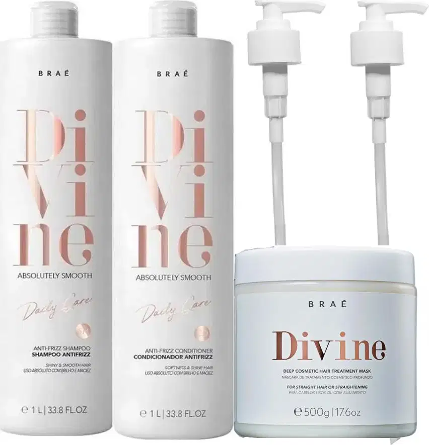 Este é o trio Braé Divine, ideal para cabelos lisos ou com alisamento. Contém shampoo e condicionador antifrizz para uso diário, uma máscara de tratamento profundo e duas válvulas dosadoras pump.