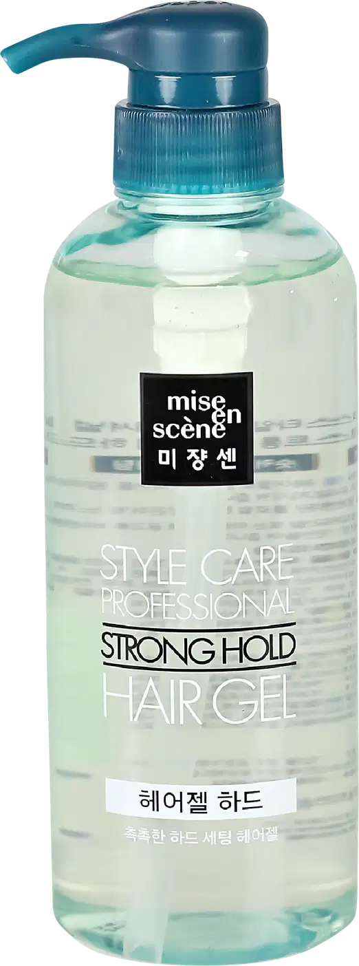 Frasco de gel para cabelo da marca Mise en Scène, com embalagem de plástico transparente e tampa azul. Rótulo preto com texto em inglês e coreano indicando "Style Care Professional Strong Hold Hair Gel".