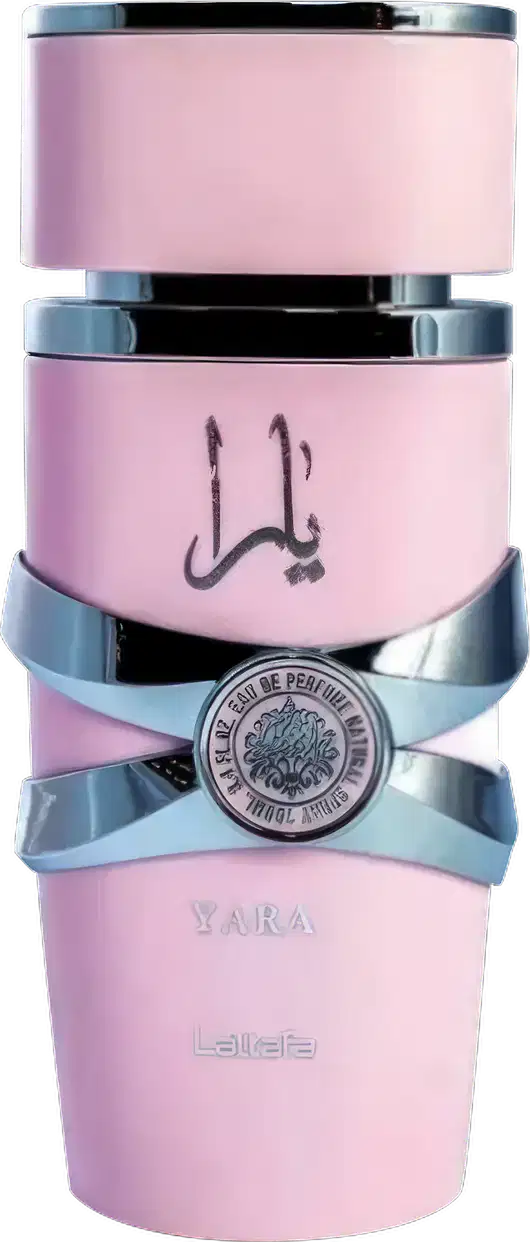 Frasco de perfume rosa da marca Lattafa Perfumes, com detalhes em prata e rótulo com texto em árabe. O produto possui um design elegante e sofisticado, com uma tampa destacada.