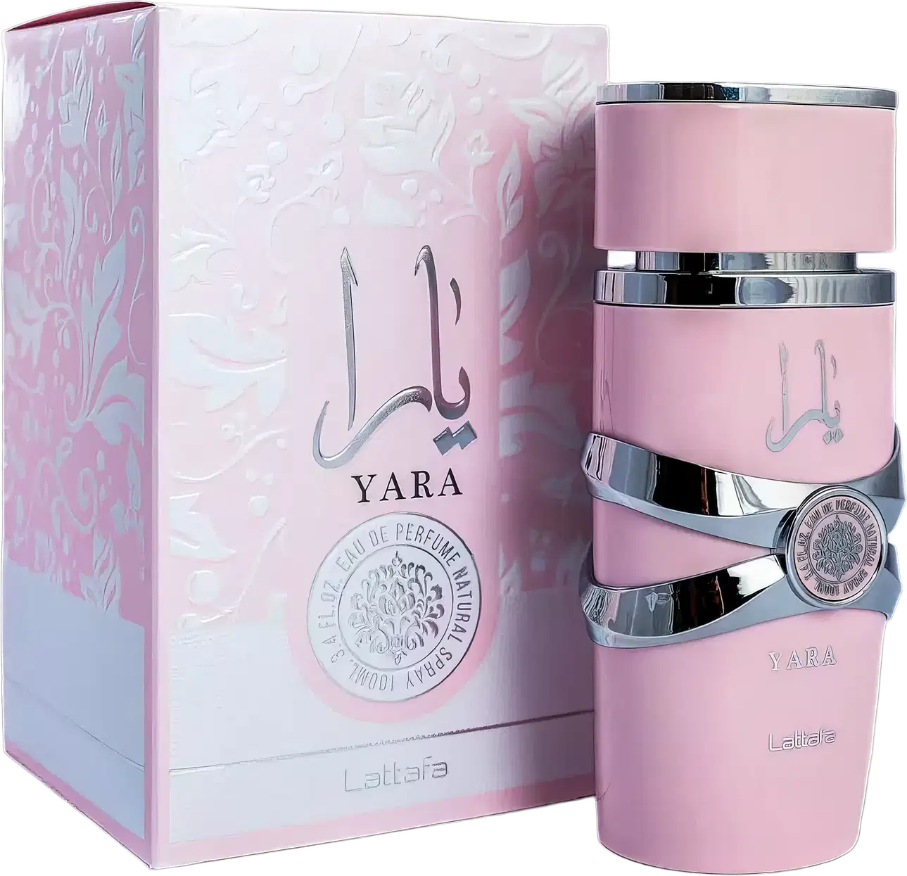 Perfume Yara da marca Lattafa em frasco rosa com detalhes prateados, embalado em caixa branca com padrões florais e rótulo com informações do produto.