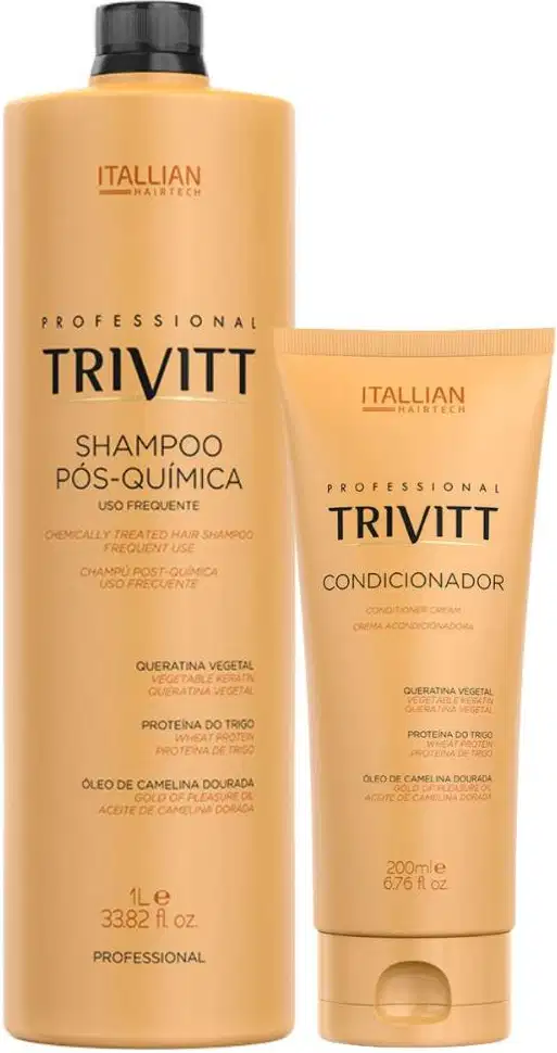 Shampoo e condicionador pós-química da linha profissional Trivitt da marca Italian Hairtech. O shampoo vem em uma embalagem de 1 litro. O condicionador é apresentado em um tubo de 200ml.