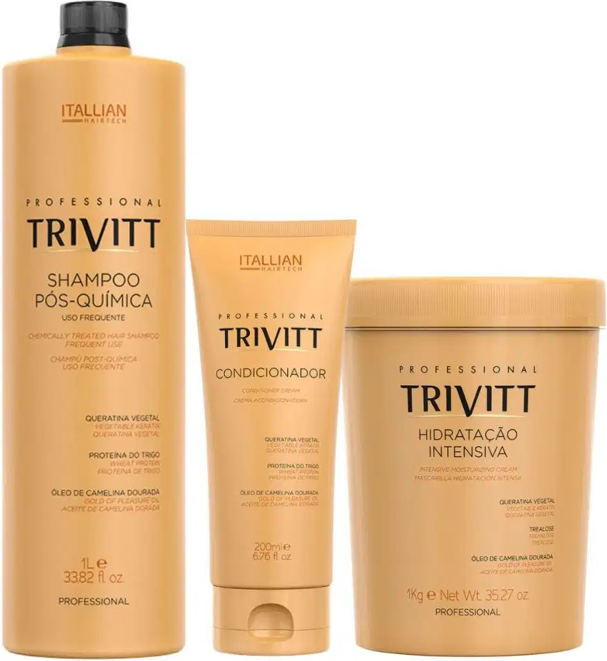 Conjunto de produtos para cabelos quimicamente tratados. Composto por um shampoo pós-química de 1 litro, um condicionador em embalagem de 200ml e uma máscara hidratante intensiva em pote de 1kg.