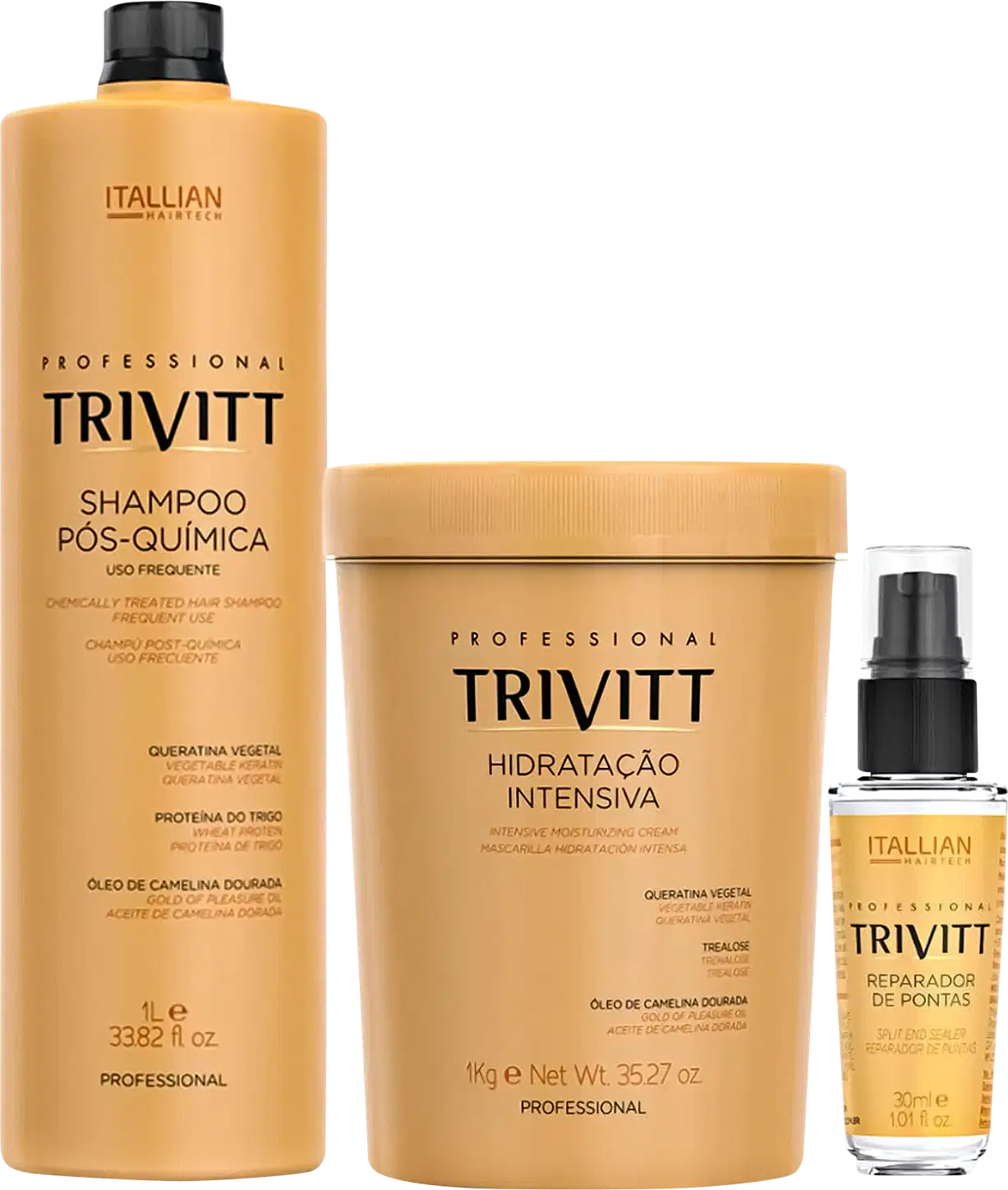 Um shampoo pós-química de 1L, uma máscara capilar de 1kg e um reparador de pontas com 30ml.