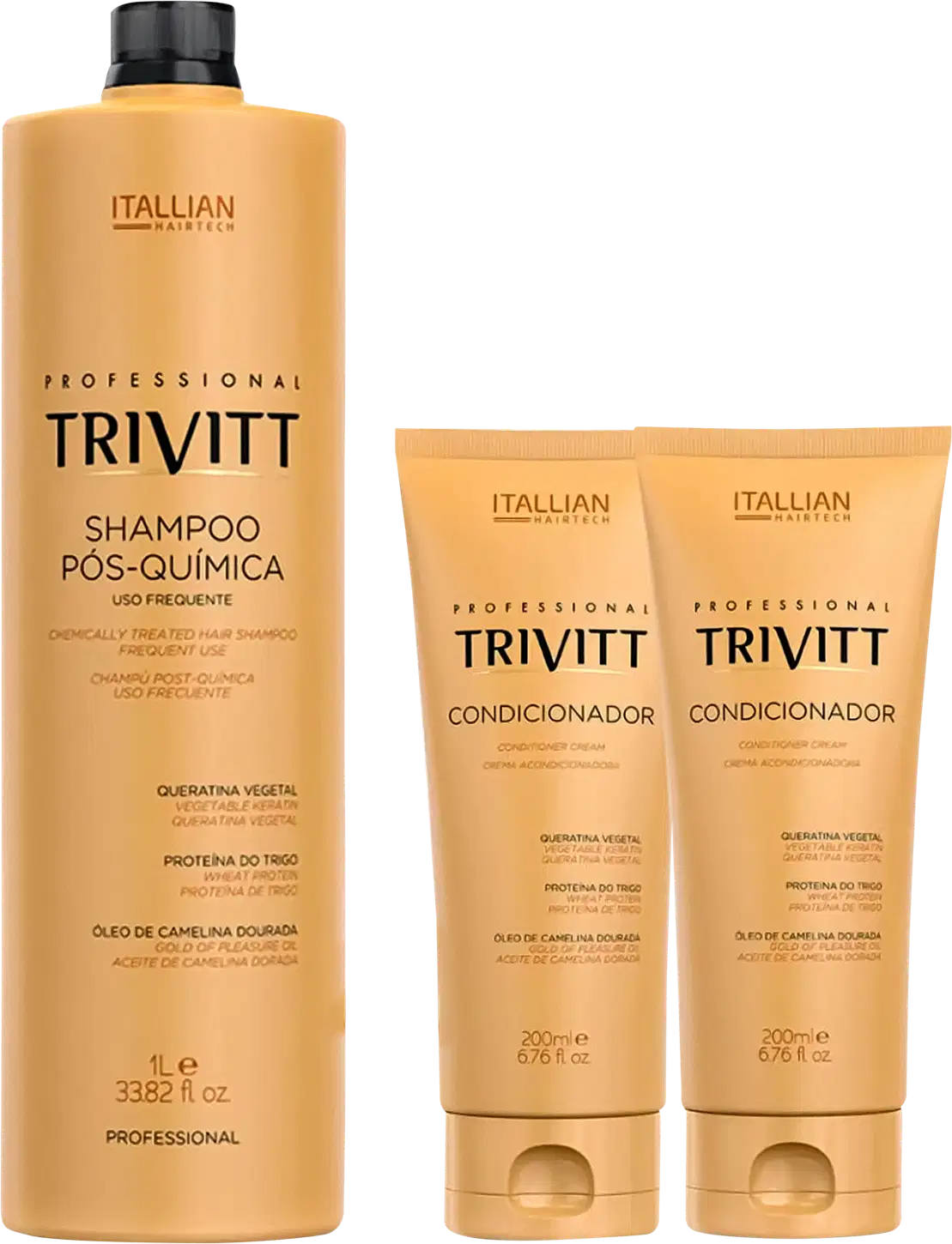 Um shampoo pós-química e dois condicionadores. O shampoo vem em uma embalagem de 1 litro, enquanto os condicionadores estão em embalagens de 200ml.