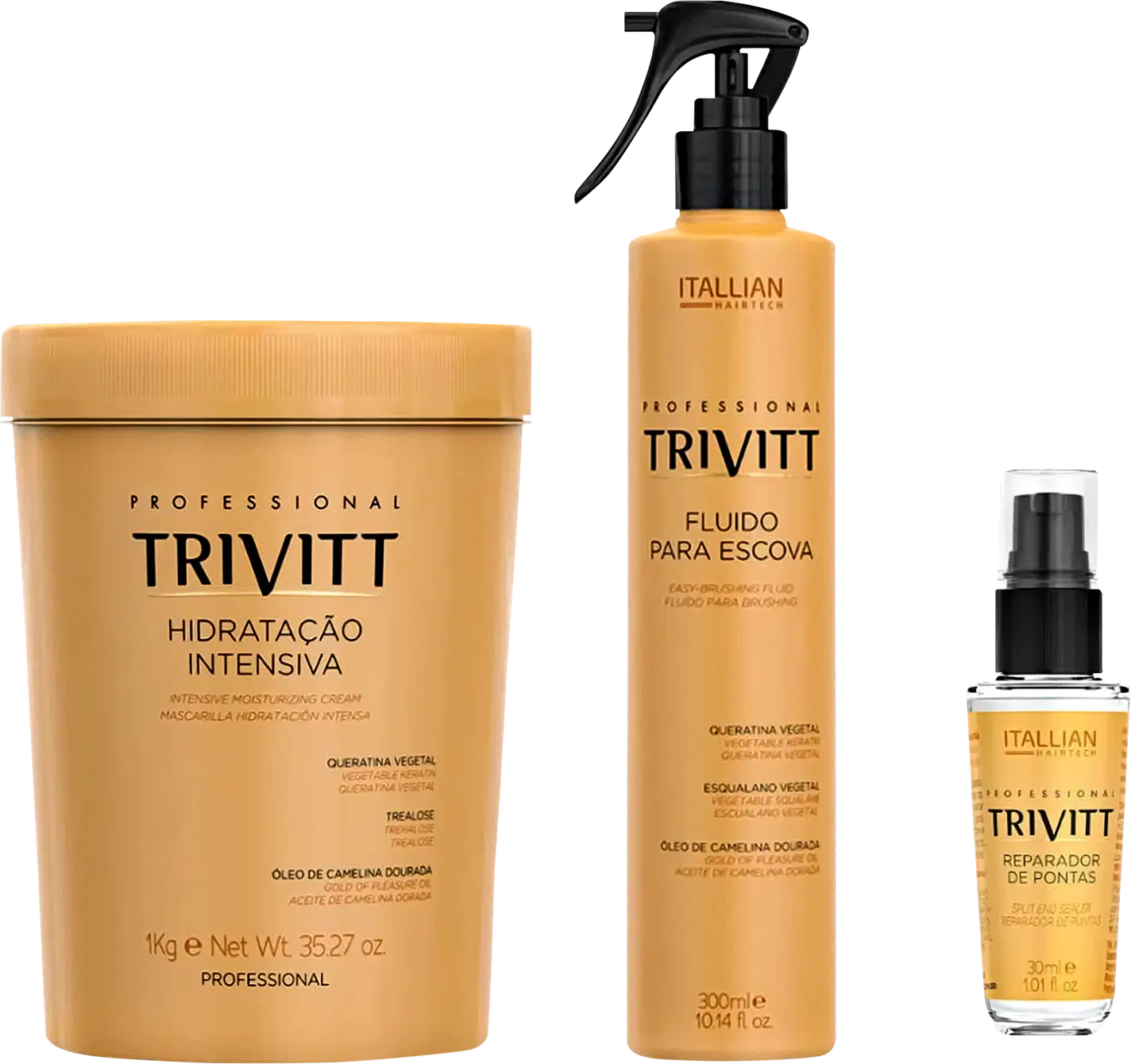 Máscara capilar hidratante de 1kg, fluido protetor térmico de 300ml e reparador de pontas 30ml