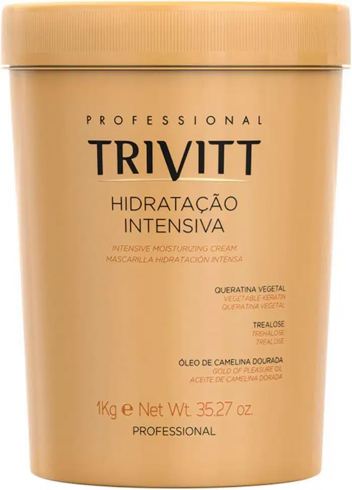 Máscara de tratamento capilar intensivo hidratante da marca Trivitt Professional.  Rótulo com o nome do produto "Hidratação Intensiva". Peso líquido de 1kg.
