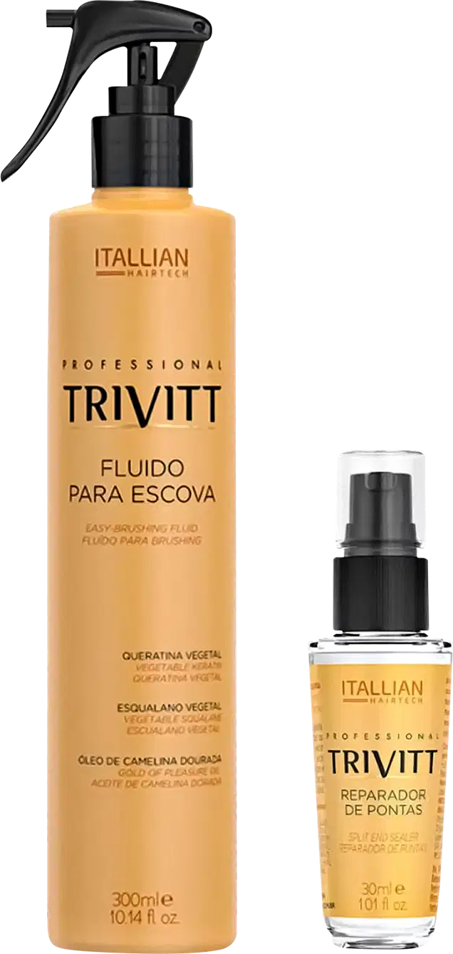 Um frasco spray de 300ml contendo um fluido para escova, e um frasco de 30ml contendo um reparador de pontas.