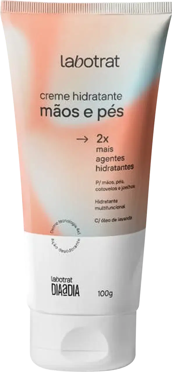 O produto apresentado é um creme hidratante para mãos e pés da marca Labotrat. A embalagem é um tubo branco e rosa, com o nome da marca e do produto claramente visíveis. Volume de 100g.