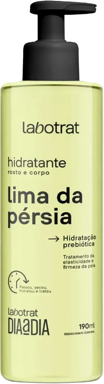 O produto apresentado é um hidratante corporal da marca Labotrat, com o nome "lima da pérsia" impresso no rótulo. A embalagem é um frasco plástico com um dispensador na parte superior, de cor predominantemente amarela.