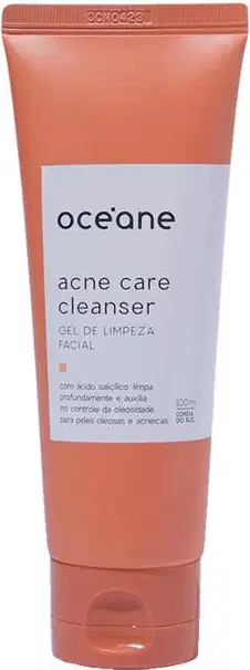 A imagem mostra a embalagem do gel de limpeza facial Océane Acne Care Cleanser. O produto vem em um tubo plástico na cor terracota com um rótulo branco e letras pretas descrevendo nome e marca.