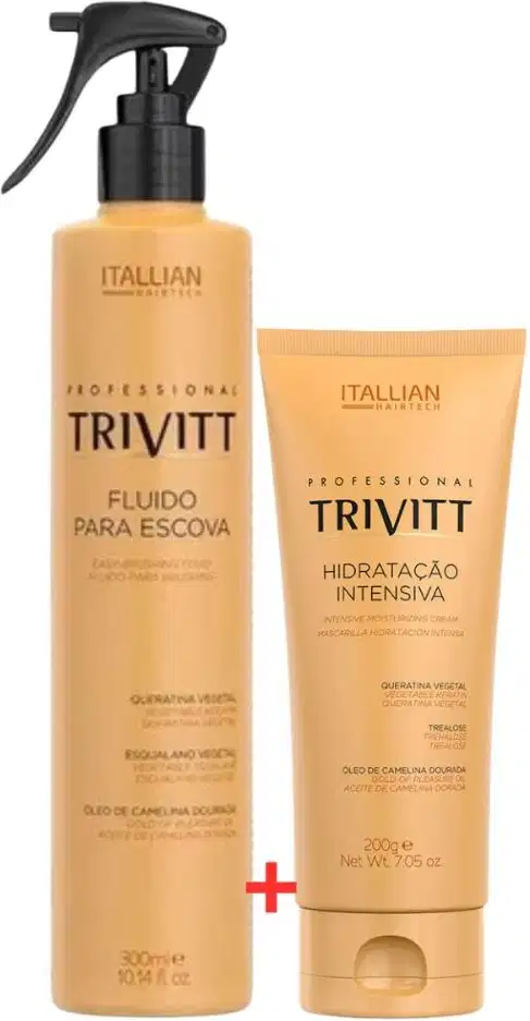 Um pote de creme hidratante intensivo e um frasco de spray fluido para escova. O creme hidratante é apresentado em um pote de 200g, enquanto o fluido para escova está em um frasco de 300ml.