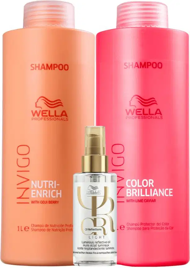 Kit com shampoo Nutri-Enrich, shampoo Color Brilliance e óleo capilar Oil Reflections, da marca Wella Professionals.