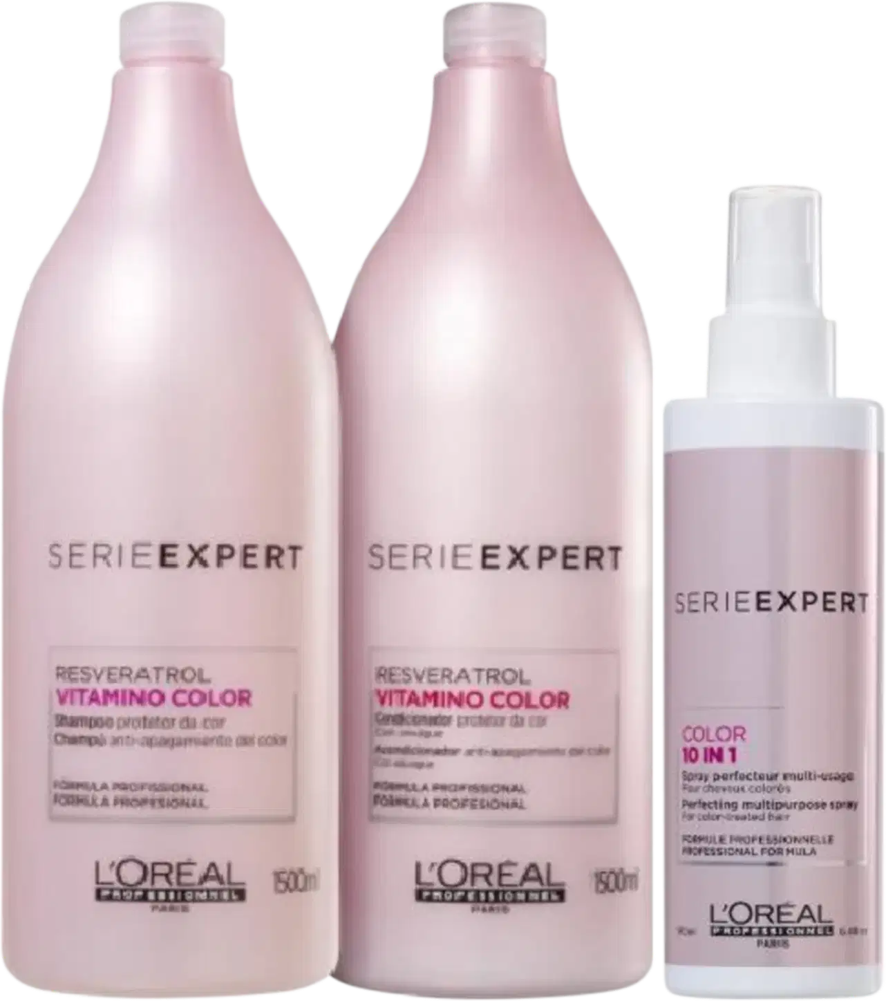A imagem apresenta três produtos da L’Oréal Professionnel: dois frascos (500ml) rosa claro, e um spray branco e rosa, para cabelos coloridos.