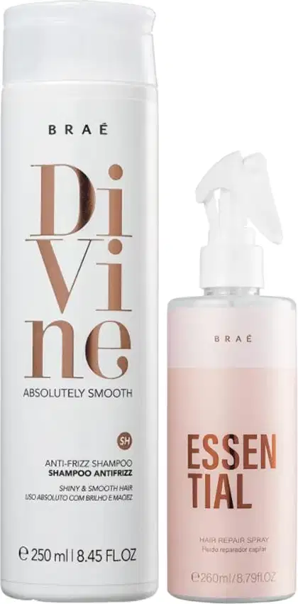 Dois produtos de cabelo da marca Braé. Um é um shampoo antifrizz chamado "Divine Absolutely Smooth" em uma embalagem cilíndrica branca de 250ml. O outro é um spray reparador de cabelos chamado "Essential" em uma embalagem spray rosa de 260ml.