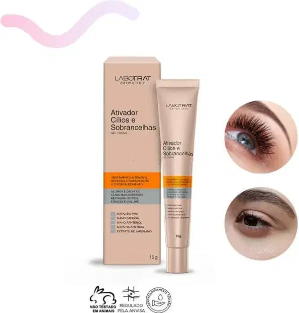 O produto apresentado é um gel creme da marca Labotrat, chamado "Ativador Cílios e Sobrancelhas". A embalagem consiste em um tubo de cor bege e uma caixa de papelão também na cor bege. Volume de 15g.