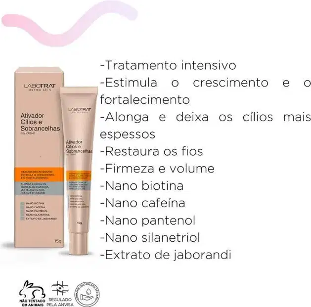 O produto apresentado é um gel creme da marca Labotrat, chamado "Ativador Cílios e Sobrancelhas". A embalagem consiste em um tubo de cor bege e uma caixa de papelão também na cor bege. Volume de 15g.