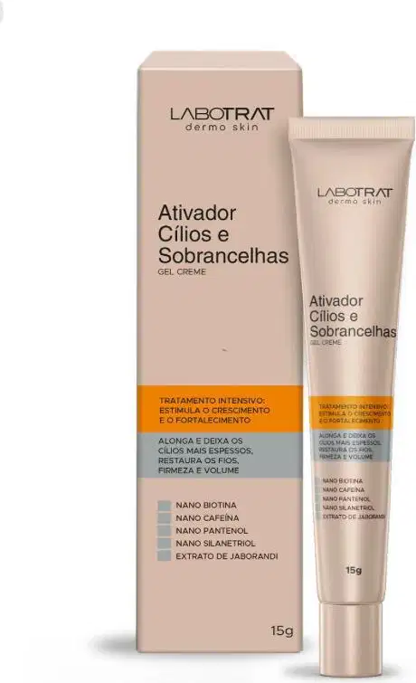 O produto apresentado é um gel creme da marca Labotrat, chamado "Ativador Cílios e Sobrancelhas". A embalagem consiste em um tubo de cor bege e uma caixa de papelão também na cor bege. Volume de 15g.