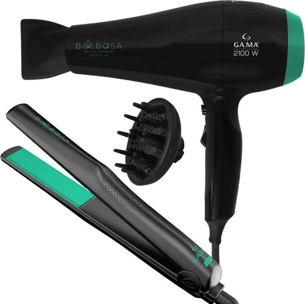 A imagem mostra um secador de cabelo preto com detalhes em verde, ao lado aparece um difusor removível com pinos para modelar. Por fim, há uma chapinha na cor preta com uma faixa verde e design elegante.