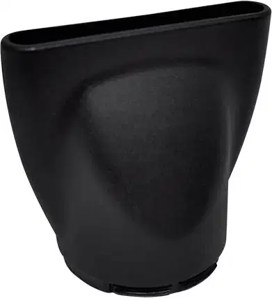 A imagem mostra um bico para secador. O produto tem formato triangular com uma extremidade arredondada. A embalagem é de plástico rígido na cor preta fosca. O design é minimalista e profissional.