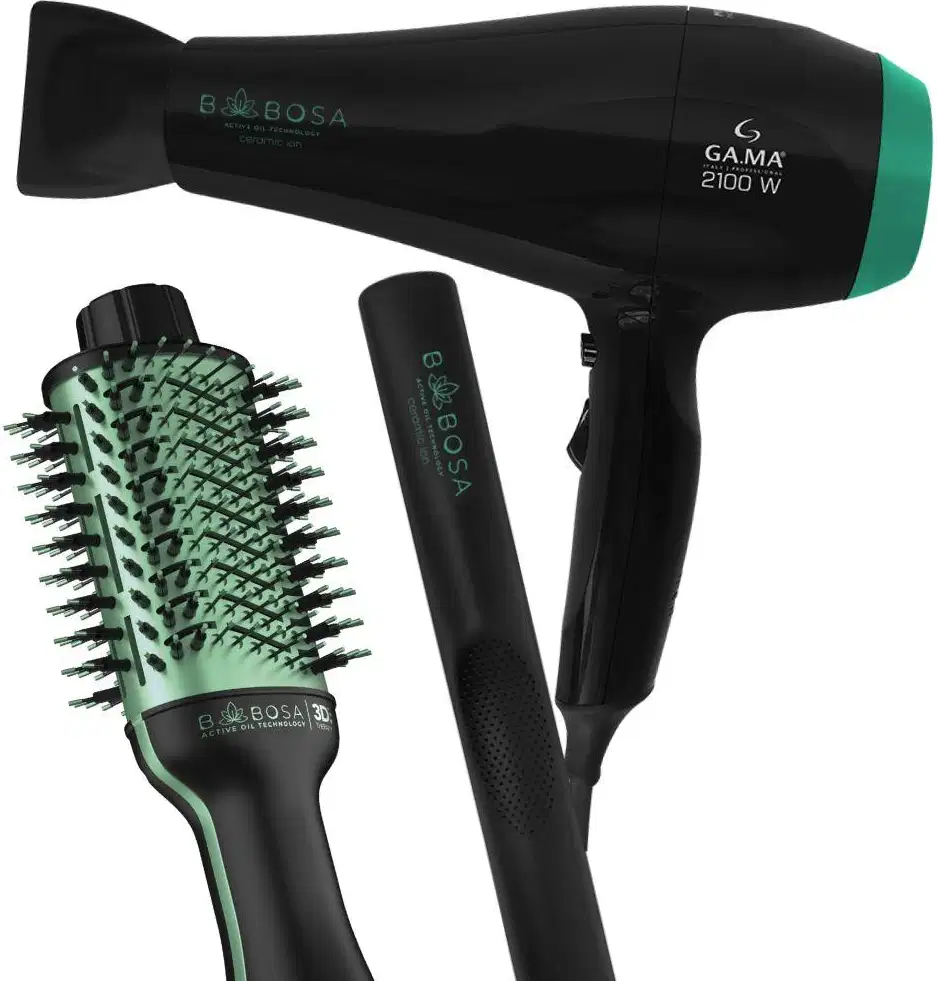 Imagem de um secador de cabelo, escova e chapinha, de cor preta e verde.