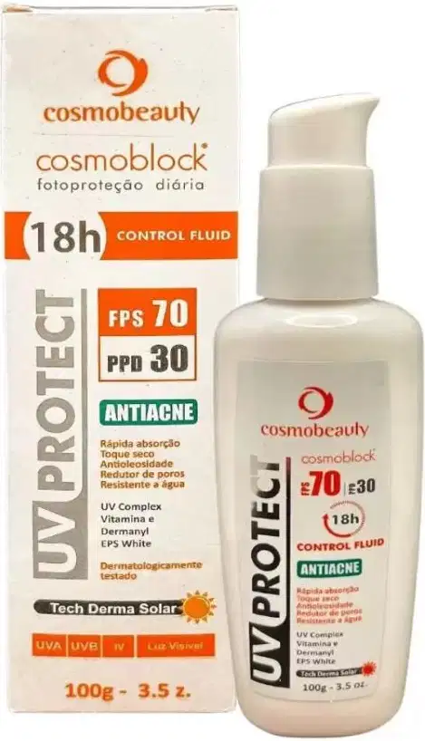 Protetor solar Cosmobeauty, chamado Cosmoblock. Trata-se de um controle fluido com FPS 70 e PPD 30, indicado para uso diário e com propriedades antiacne.