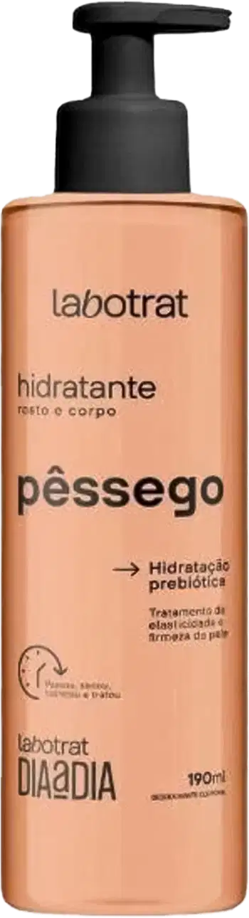 O produto mostrado na imagem é um hidratante corporal da marca Labotrat, com o nome "Pêssego" impresso no rótulo. A embalagem é um frasco plástico com um dispensador na parte superior, de cor laranja clara.