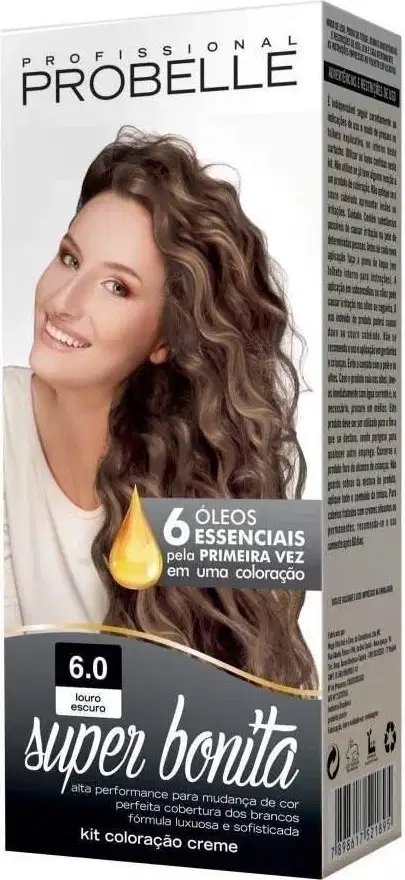 Coloração de cabelo creme da marca Probelle. Embalagem retangular com imagem de uma mulher sorridente com cabelos longos e ondulados em tons castanhos. Texto "Super Bonita" e "6.0 louro escuro" indicando a tonalidade.