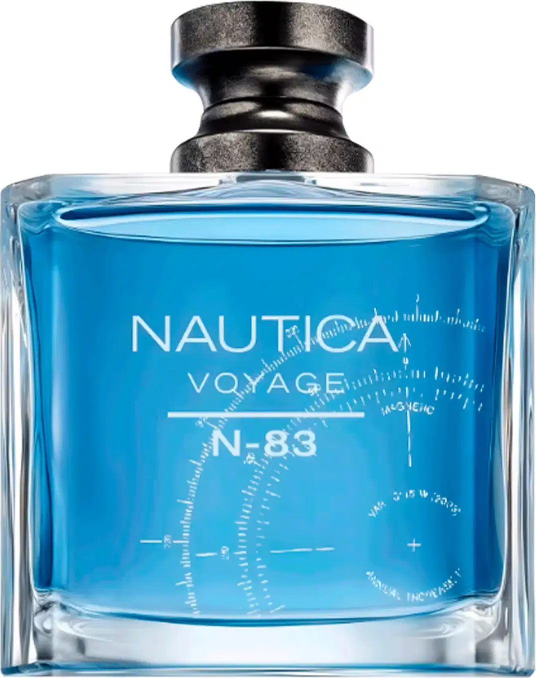 Perfume Nautica Voyage N-83 em frasco retangular de vidro transparente contendo líquido azul claro. Tampa preta fosca e detalhes prateados. Design minimalista e elegante com linhas retas e formas geométricas.