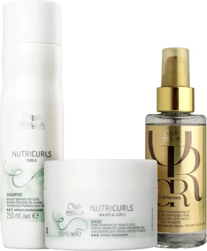 Produtos Wella Professionals: shampoo Nutricurls em frasco branco, máscara Nutricurls em embalagem branca, e óleo Reflections em frasco dourado com rótulo dourado.