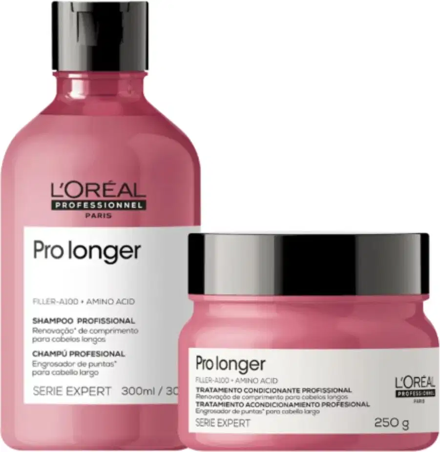 A imagem mostra um kit da L'Oréal Professionnel Pro Longer com um frasco arredondado de shampoo e  com um pote redondo de condicionador, ambos de cor rosa escuro, rótulo branco e tampa preta.