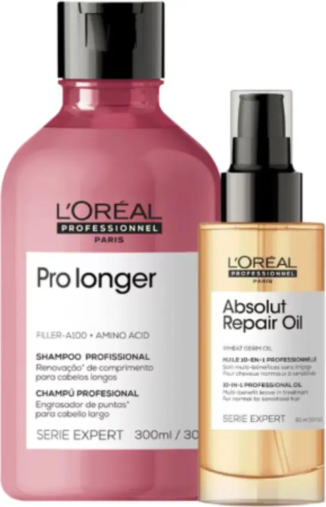 A imagem mostra um kit com dois produtos para cabelo da L'Oréal Professionnel. O da esquerda é um pote plástico rosa escuro com tampa preta e o da direita é um frasco plástico dourado com aplicador spray preto.