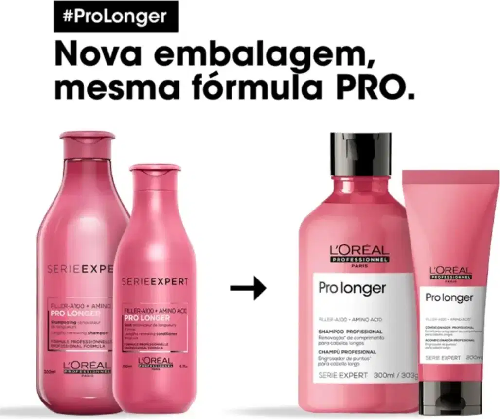 A imagem mostra na esquerda a embalagem de shampoo e condicionador antiga e, na direita, as embalagens novas.