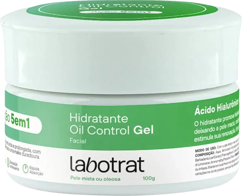 O produto apresentado é um gel hidratante Oil Control da marca Labotrat. A embalagem é um pote branco com tampa verde, contendo 100g do produto.