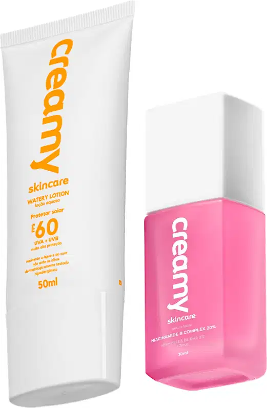 A imagem mostra uma bisnaga branca com letras laranja e um frasco retangular transparente de sérum facial cor rosa e tampa branca.
