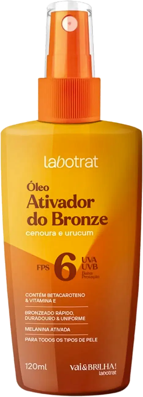 O produto mostrado é um óleo ativador do bronze da marca Labotrat. A embalagem é um frasco de plástico de cor amarela e laranja, com um rótulo que indica o nome do produto "Óleo Ativador do Bronze" e algumas informações sobre seus benefícios.