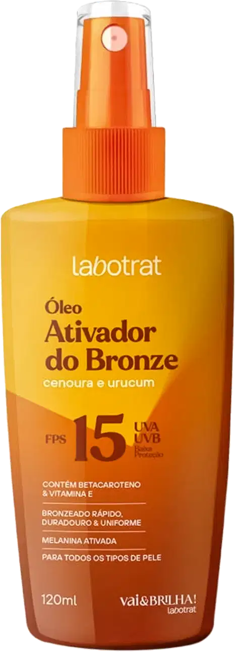 O produto apresentado é um óleo ativador do bronze da marca Labotrat. O frasco é de cor amarela e laranja, com um rótulo que indica o nome do produto "Óleo Ativador do Bronze" e algumas de suas características, como proteção UVA e UVB.