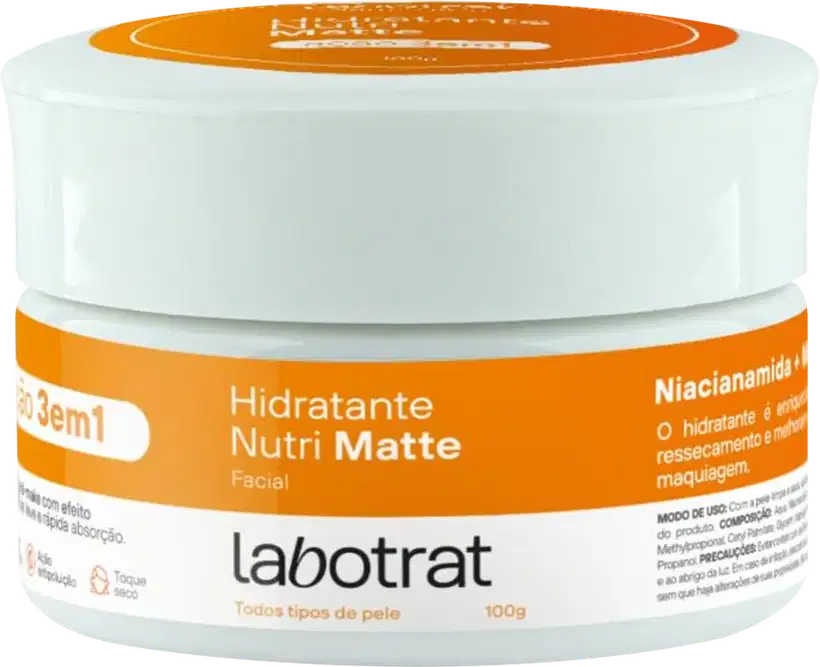 O produto apresentado é um hidratante facial da marca Labotrat, com o nome "Hidratante Nutri Matte" impresso no rótulo. A embalagem é um pote branco com tampa laranja, contendo 100g do produto.