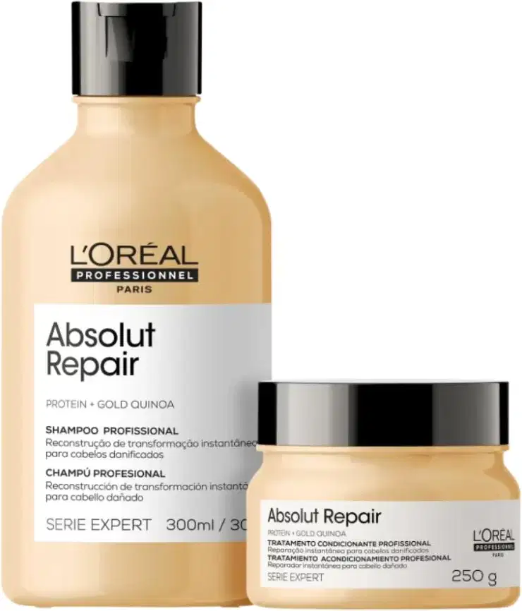 A imagem mostra um kit com dois produtos da linha Absolut Repair da L'Oréal Professionnel. Um frasco de shampoo de 300ml e um pote redondo. Todos com cor bege e tampa preta.