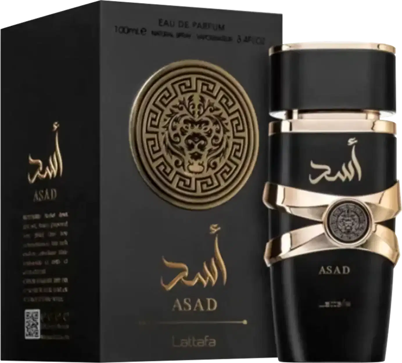 Frasco de perfume Asad da marca Lattafa, com embalagem preta e dourada contendo detalhes decorativos em relevo. O rótulo exibe o nome do produto em árabe e em inglês, com o logotipo da marca.
