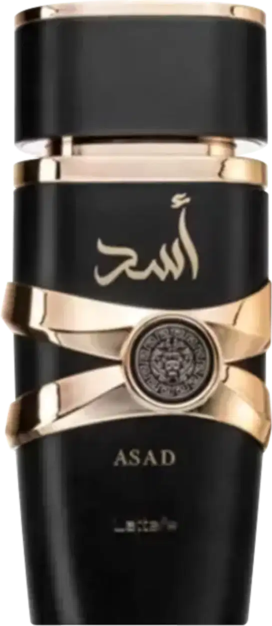Frasco de perfume preto e dourado da marca Lattafa Perfumes, com o nome "Asad" em árabe e um selo dourado no centro. O design é elegante e minimalista, com detalhes dourados que realçam a embalagem.
