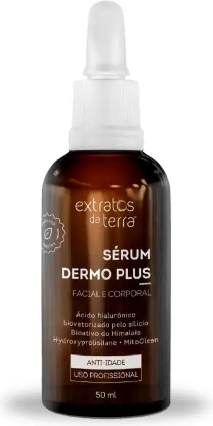 Frasco de soro Dermo Plus da marca Extratos da Terra, com 50 ml de conteúdo. O produto apresenta embalagem de vidro âmbar com rótulo branco e texto em português, destacando ingredientes como ácido hialurônico e bioativo do Himalaia.