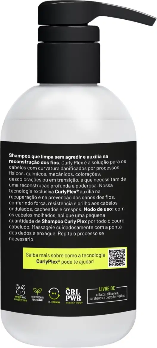 Shampoo em embalagem plástica branca com detalhes em preto. A embalagem tem um dispensador bomba preta. O rótulo preto contém texto descritivo em português sobre o produto, que é um shampoo para cabelos cacheados e danificados.