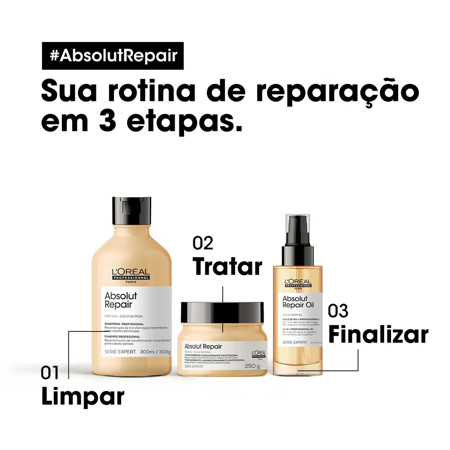 A imagem mostra os três produtos e texto destaca: 01 limpar. 02 Tratar e 03 Finalizar. Texto destaca: sua rotina de reparação em 3 etapas.